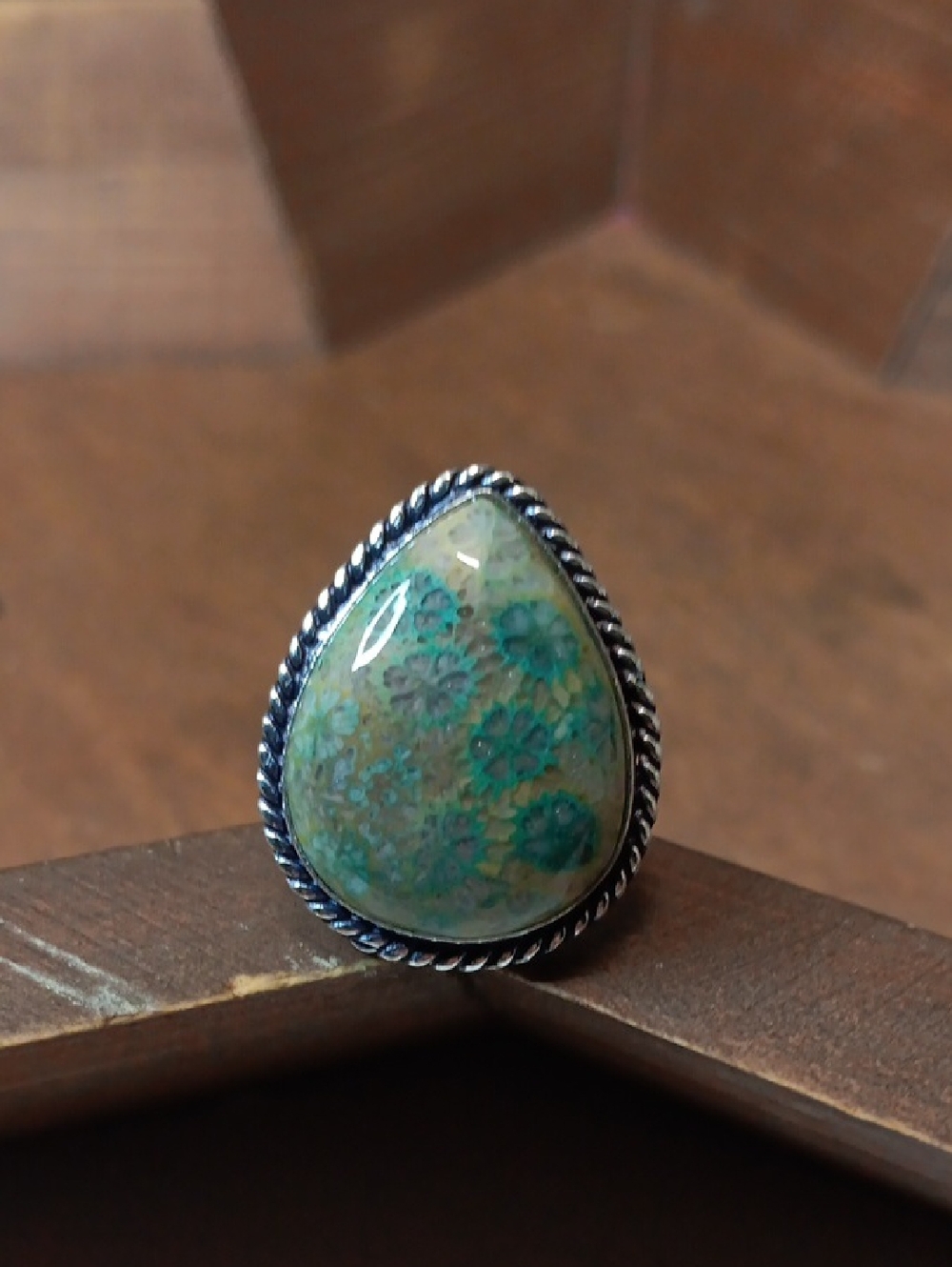 Handcrafted Teardrop Ring - Green Teal Stone in Silver Setting